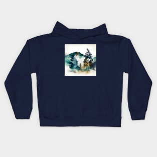 Misty Green Mountains and Trees Watercolor Kids Hoodie